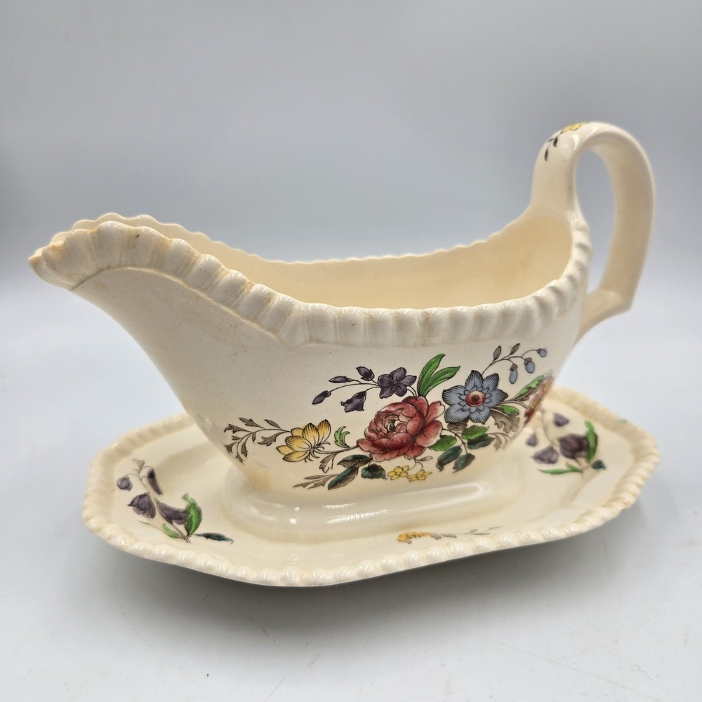 Vtg Copeland Spode Romney Floral Gadroon Shape Gravy Boat Attached‎ Underplate